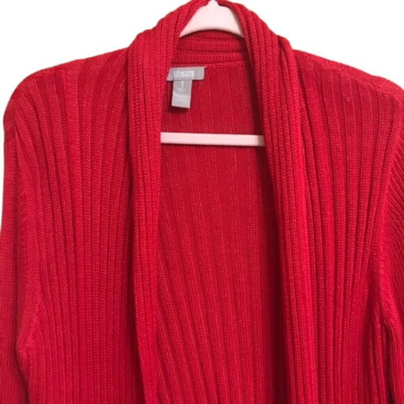 Chico's Women's Red Open Front Ribbed Knit Waterfall Cardigan Size 1 - Picture 5 of 9